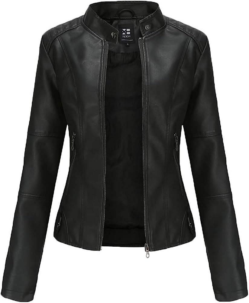 AILMY Womens Slim PU Jacket Fleece Locomotive Windproof Large-Size Vertical Collar Leather Coat | Amazon (US)