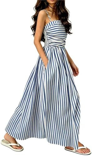 Women's Striped Maxi Dress Spaghetti Strap Back Smocked Flowy Swing Beach Sundress | Amazon (US)