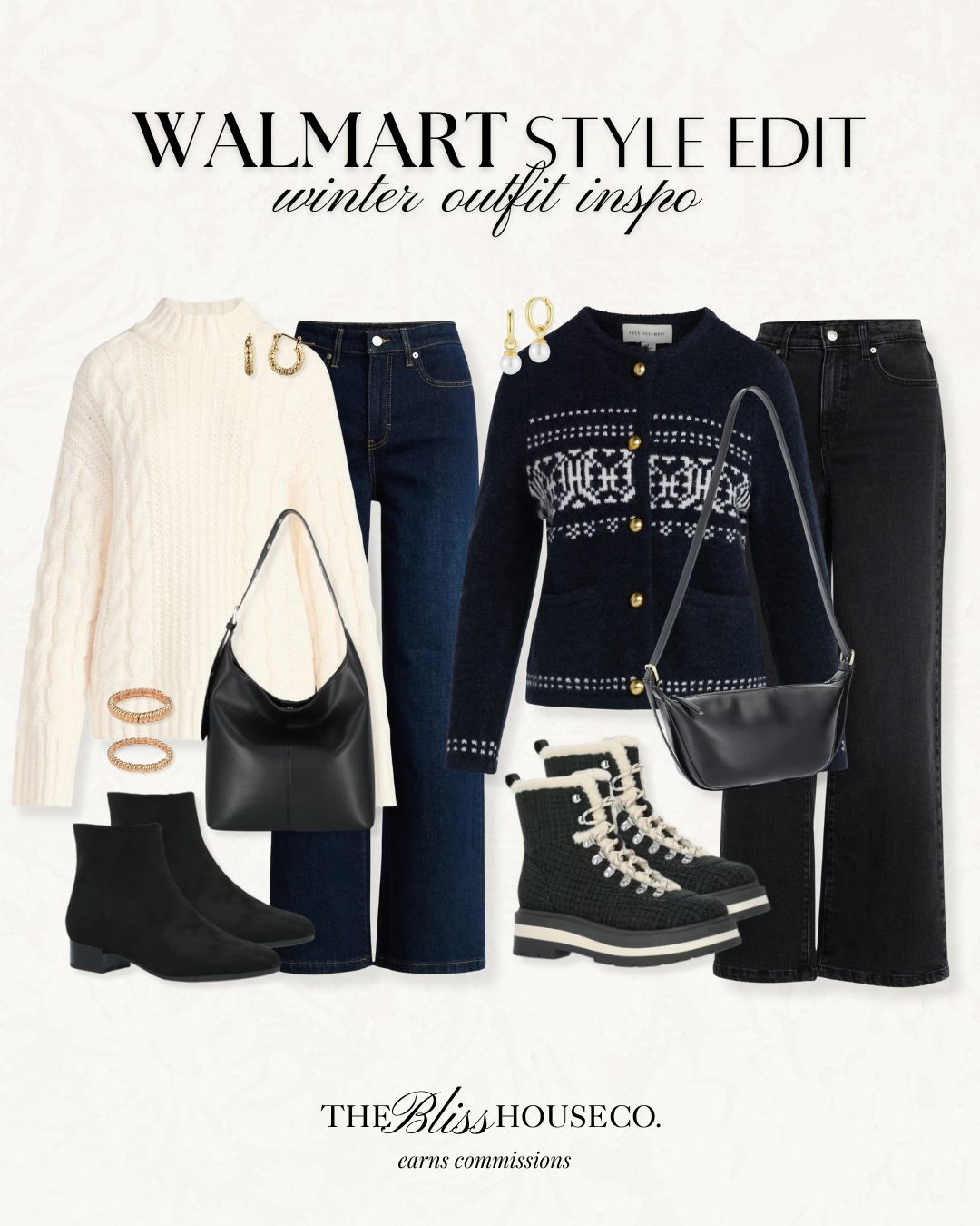 Winter women's fashion inspo all from Walmart ❄️ trending fair isle sweater, cable knit sweater, wide leg jeans, winter boots, black handbag, affordable winter style finds, Walmart fashion. 

 #LTKootd #LTKSeasonal #LTKFindsUnder50