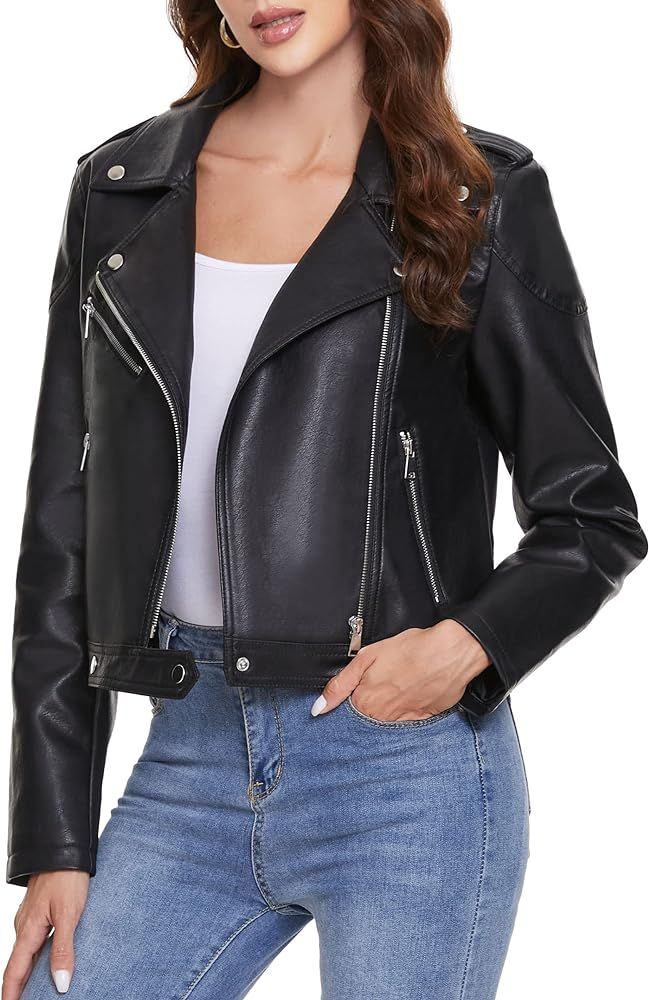 Fahsyee Women's Faux Leather Jackets, Zip Up Motorcycle Short PU Moto Biker Outwear Fitted Slim C... | Amazon (US)