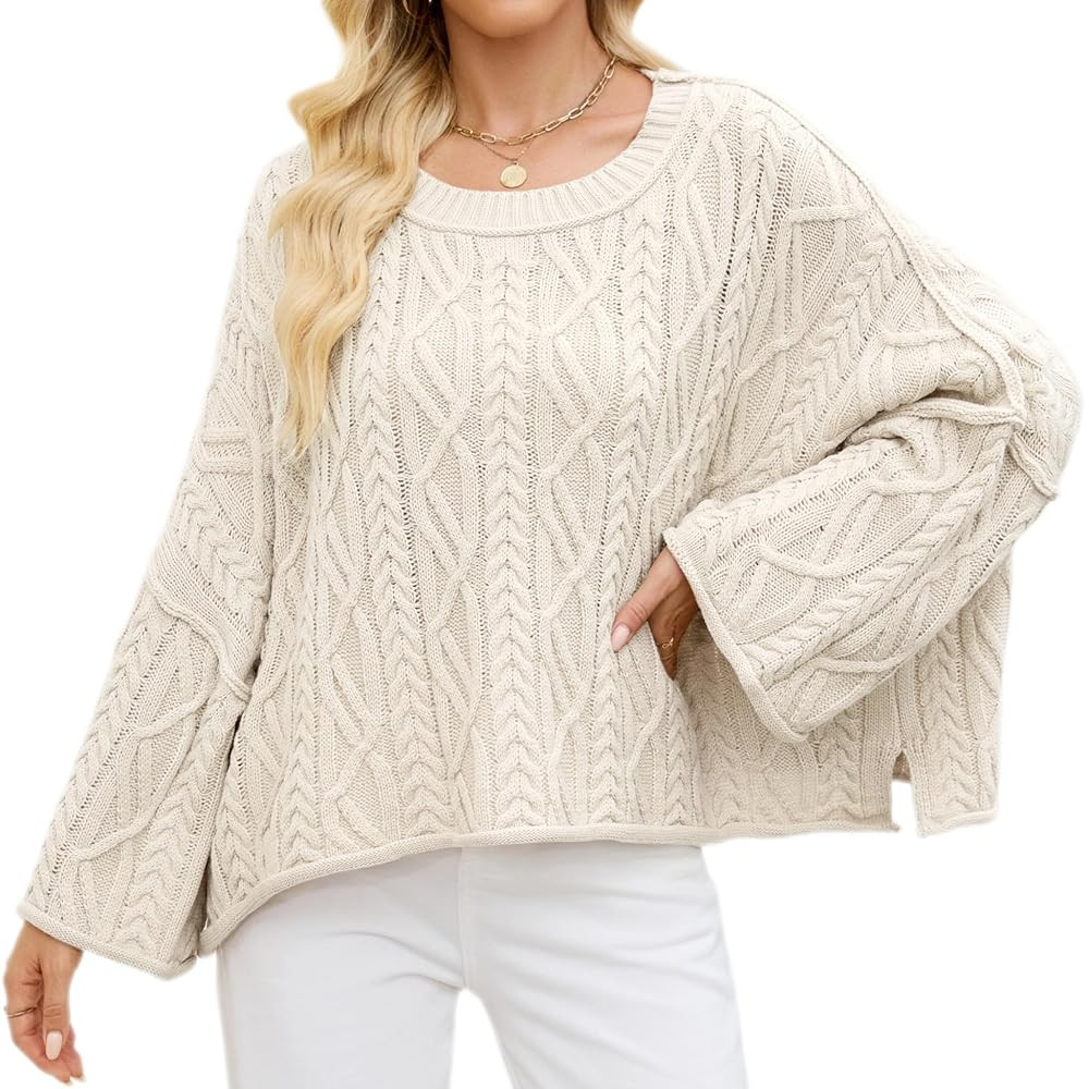 Womens Cable Knit Cropped Sweaters Batwing Long Sleeve Crew Neck Casual Loose Oversized Pullover ... | Amazon (US)