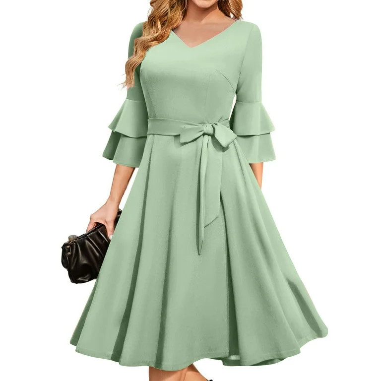 Pink Easter Dress Women, Formal Wedding Guest Dress Elegant Bell Sleeve Cocktail Party Church Mid... | Walmart (US)