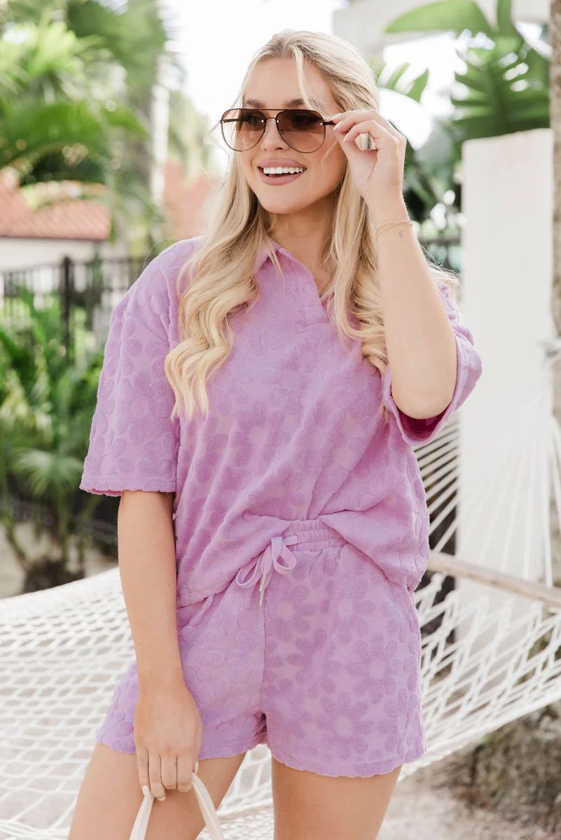 Can't Stay Away Purple Terry Daisy Printed Collared Tee | Pink Lily