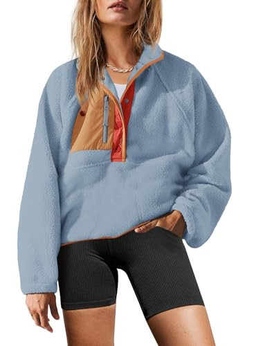 Yanekop Fleece Pullover Women Sherpa Jacket Button Down Sweatshirts Fuzzy Sweater Long Sleeve Fluffy Sweaters(Dusty Blue Orange,L) | Amazon (US)