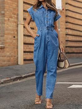Tongmingyun Women's Cap Sleeve Denim Jumpsuit Button Down Straight Leg Jeans Long Pants Rompers w... | Amazon (US)