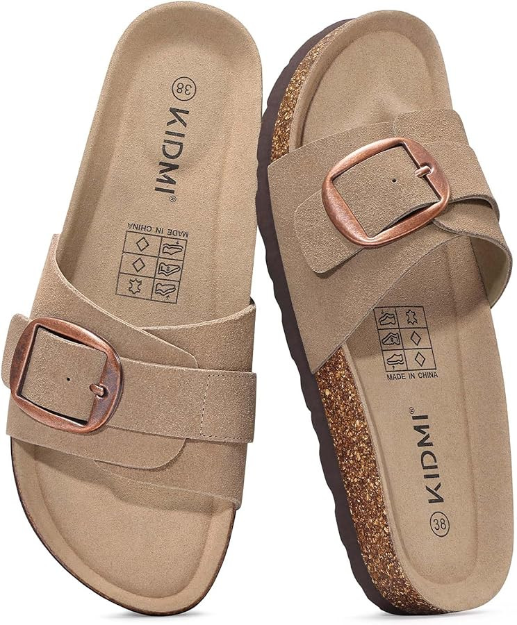 KIDMI Genuine Suede Cork Footbed Sandals for Women Comfortable Summer Slides with Buckle | Amazon (US)