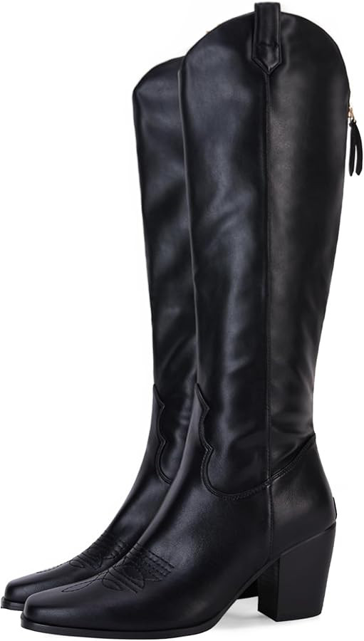 Women Cowboy Knee High Boots Chunky Block Heel Square Toe Tall Riding Boots | Amazon (US)