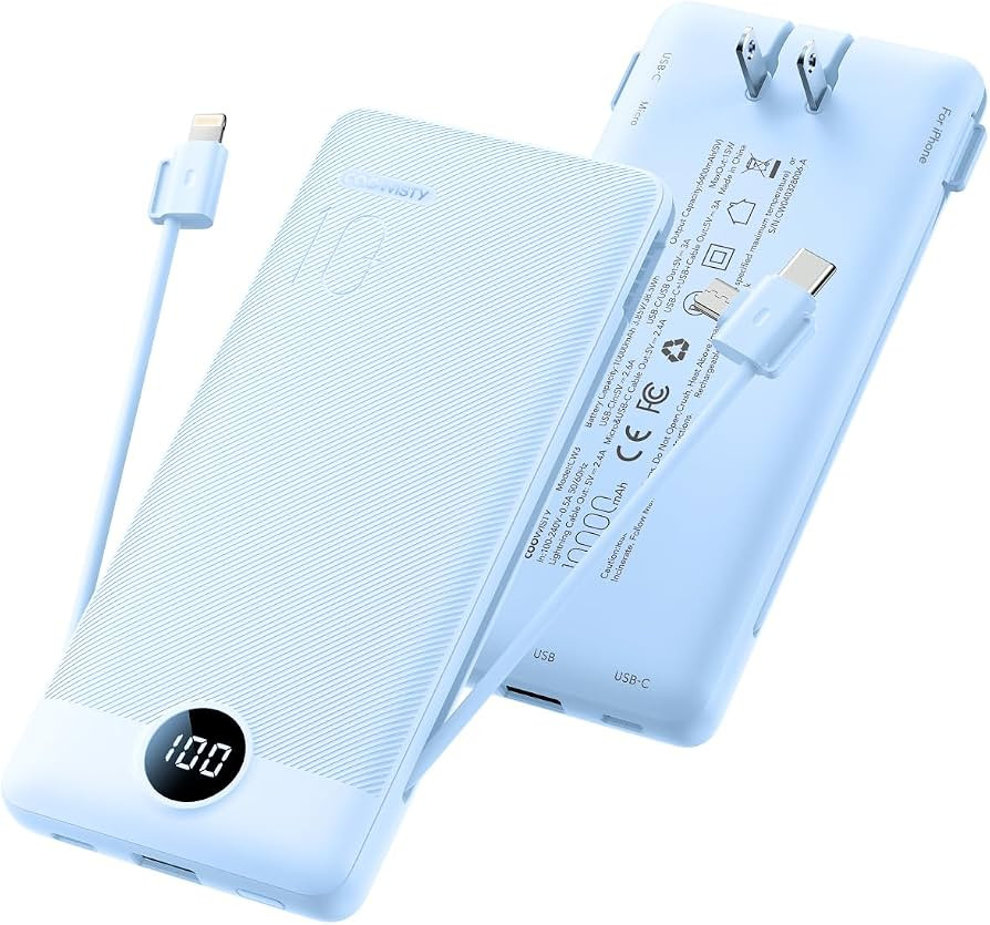 Portable Charger Built-in Cables and Wall Plug, 10000mAh Slim USB C Power Bank, LED Display Exter... | Amazon (US)