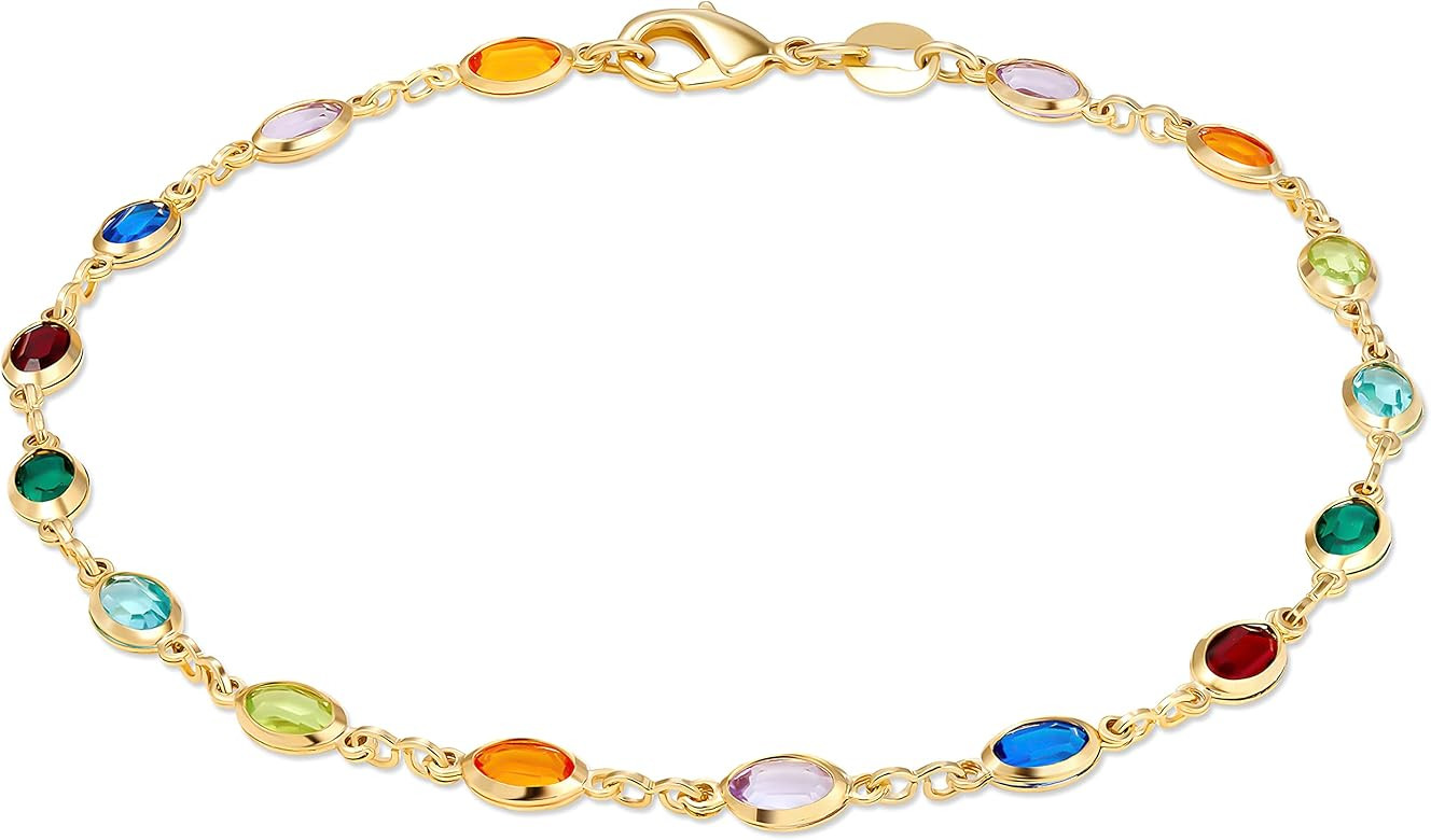 Barzel 18K Gold Plated Gold and Multi Color Crystal Baguette Anklet | Amazon (US)