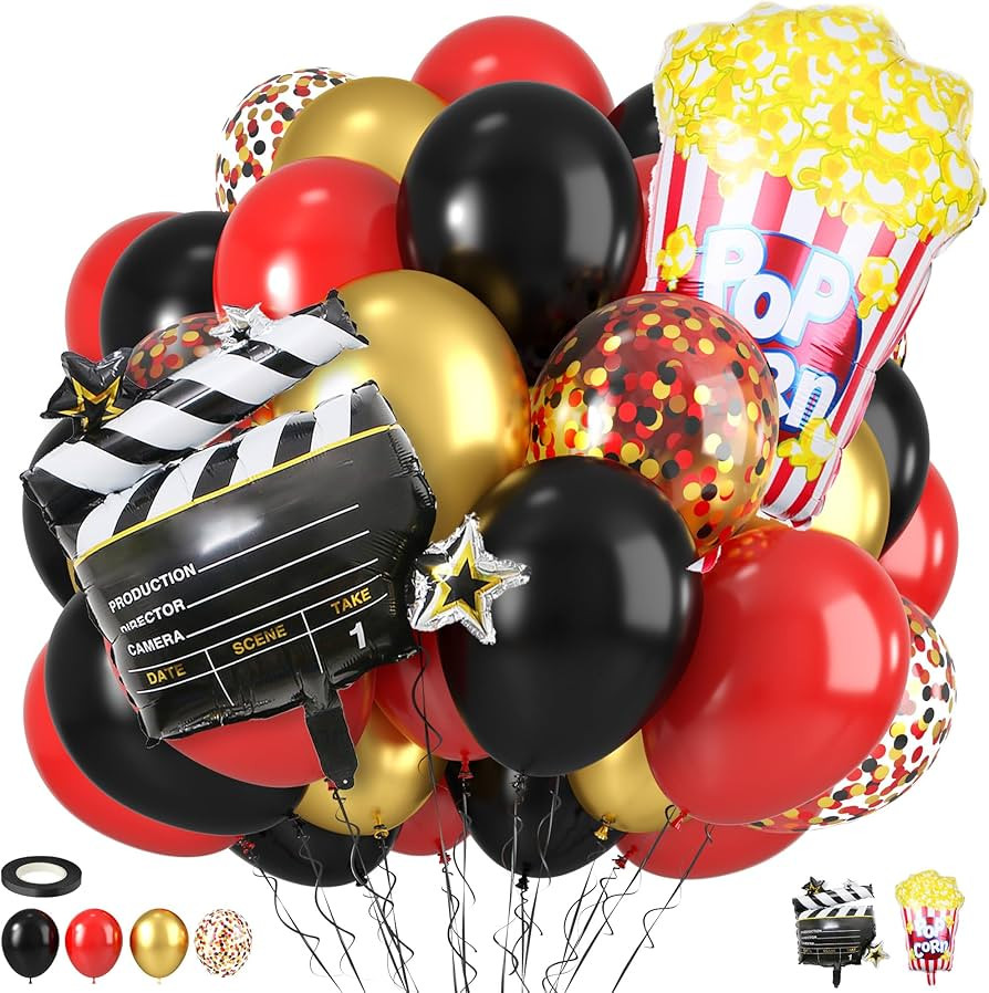 Movie Night Party Balloons, Red Black Gold Confetti Balloons with Film Clapboard and Pop Corn Foi... | Amazon (US)