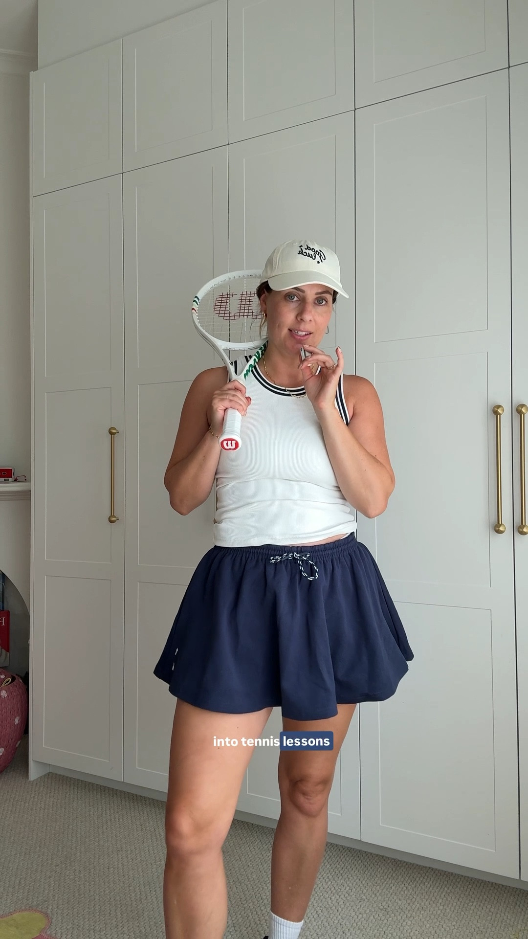 The cutest tennis outfit, how gorgeous is this skort 🎾🫶🏼 I’m wearing size smalls.

(Tennis style. Tennis fashion. Tennis ootd, tennis outfit, tennis skort, the upside, navy skirt, white tank top, new balance sneakers, navy sneakers, tennis playing style, baseball cap, dad cap) 

#LTKaustralia #LTKfitness #LTKsummer