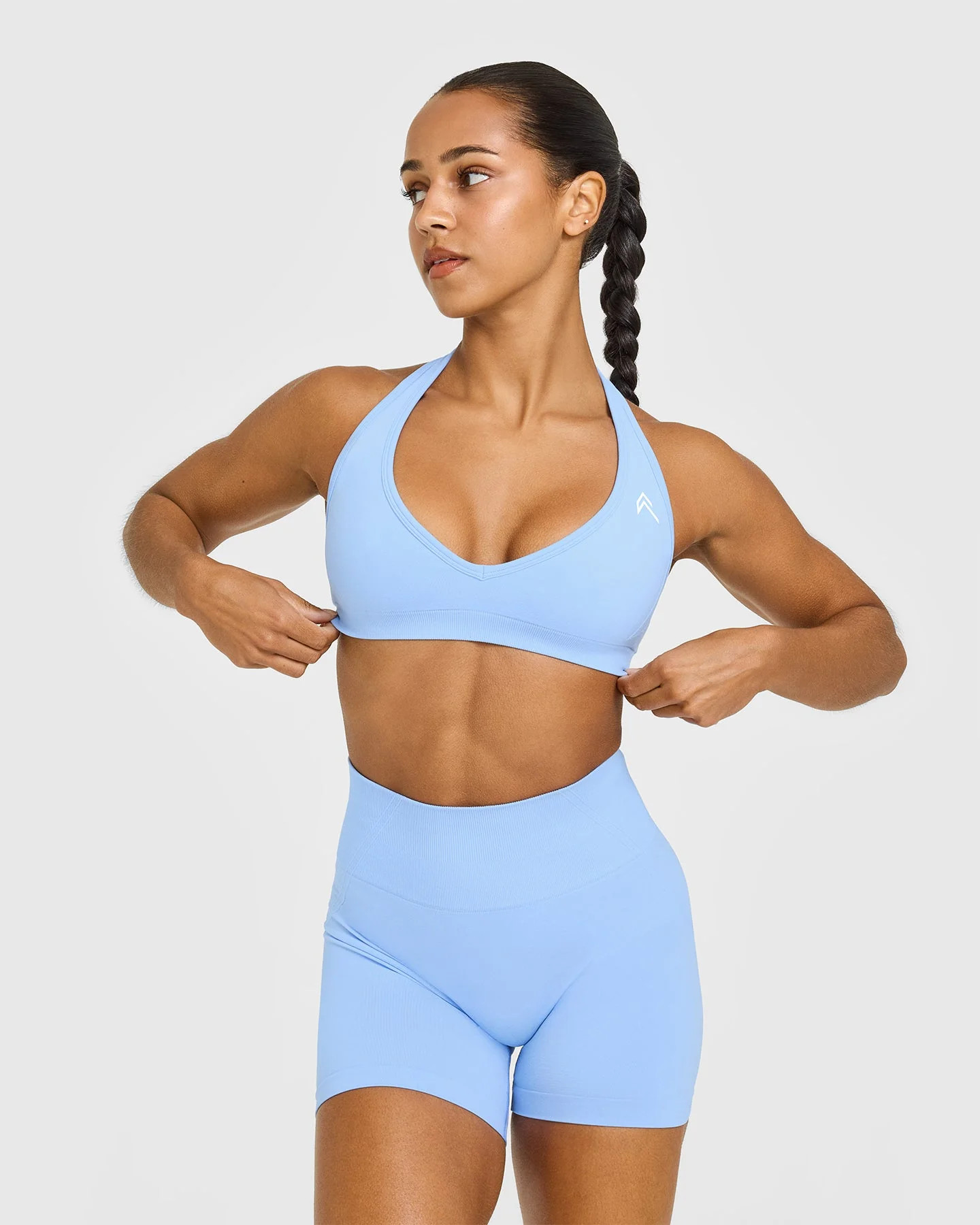 EffortlessLift™ Seamless Halter Neck Sports Bra with White Logo 
 Powdered Blue | Oner Active (UK / US)