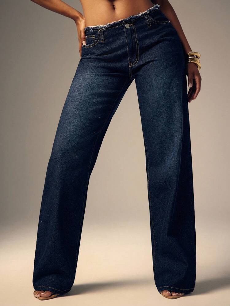 Denimoi Low Rise Raw Edge Straight Leg Denim Jeans Low Rise Jeans Low Rise Denim Jeans Fashionabl... | SHEIN