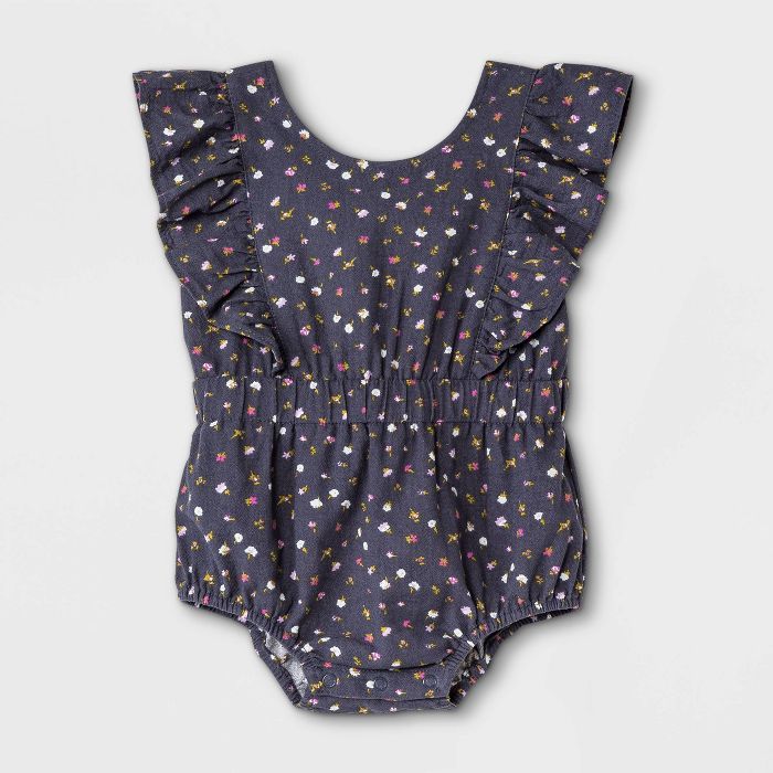 Baby Girls' Floral Woven Cinched Waist Romper - Cat & Jack™ Navy | Target