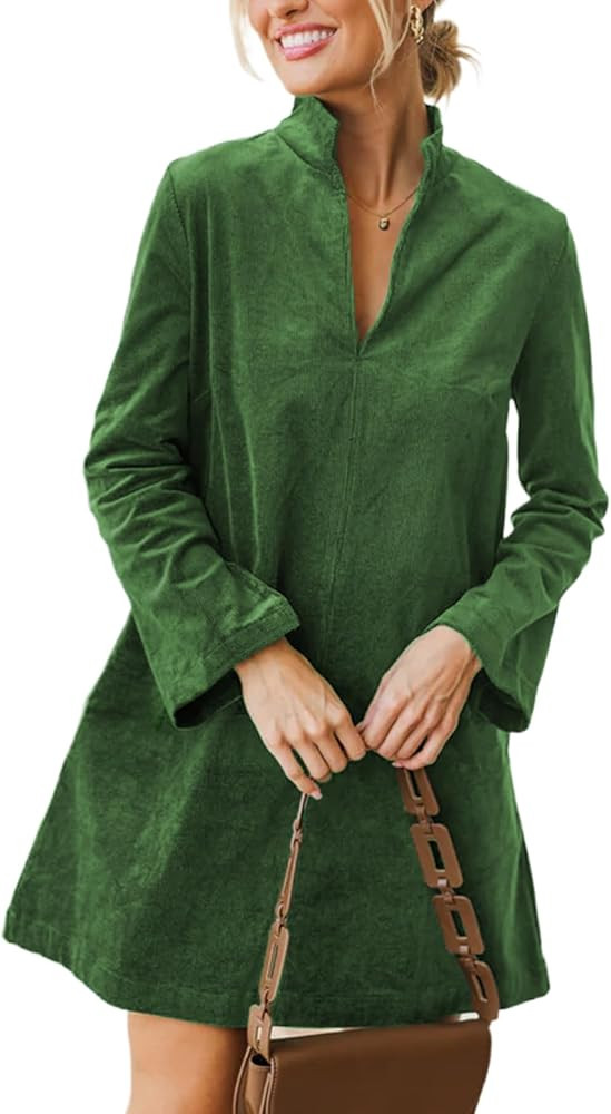 Women Corduroy Dress V Neck Long Sleeve Casual Vintage Retro A Line Mini Dresses | Amazon (US)