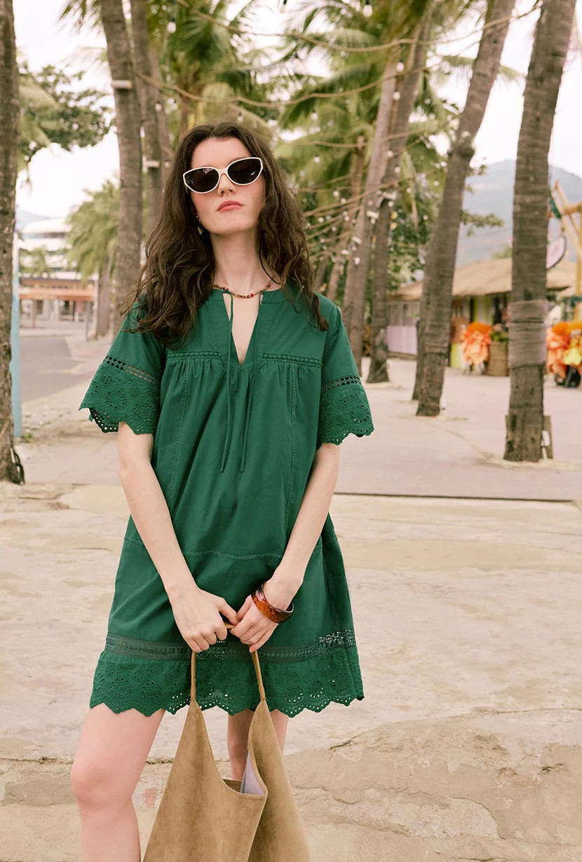 Gwen Cotton Eyelet Dress - Emerald Green | Petite Studio NYC