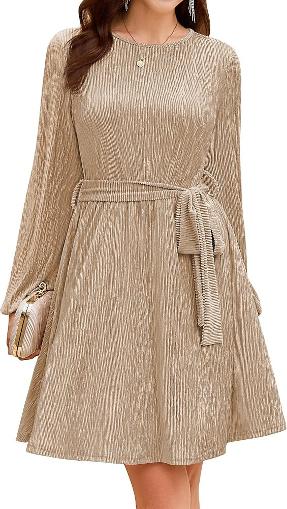 Naggoo Womens Lantern Sleeve Velvet Dress Cocktail Party Dresses with Belt | Amazon (US)