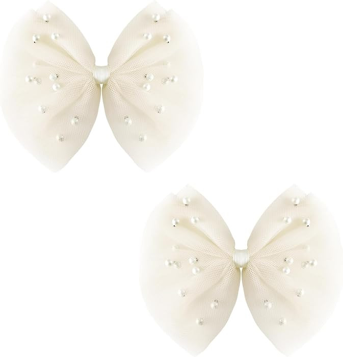 2 PCS Pearl Hair Bows Hair Clips for Toddler Girls - Elegant Ivory Lace Veil Hair Accessories for... | Amazon (US)