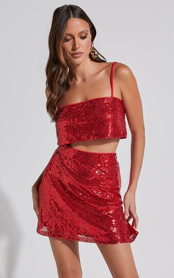 Elswyth Top - Strappy Sequin Crop Cami Top in Red | Showpo (US, UK & Europe)