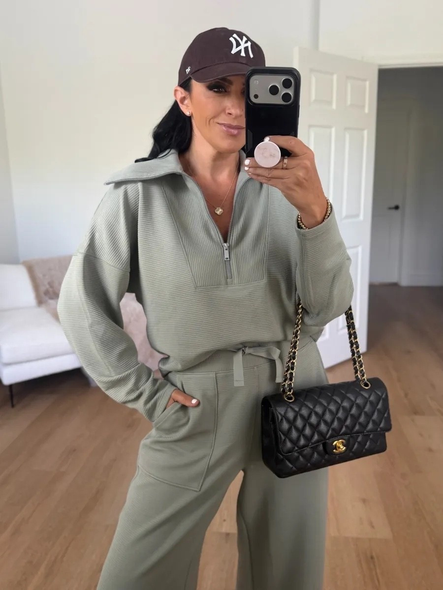 SPANX AirEssentials® French Rib Half Zip wearing size small now $89 . SPANX AirEssentials® French Rib Wide Leg Pant wearing size medium now $79