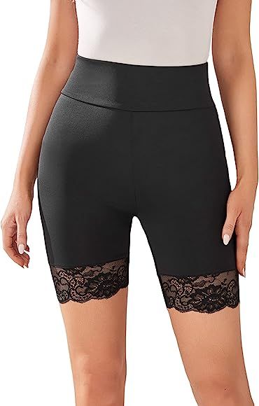 MakeMeChic Women's Lace Trim Wide Waistband High Waisted Biker Shorts Short Leggings Under Shorts | Amazon (US)