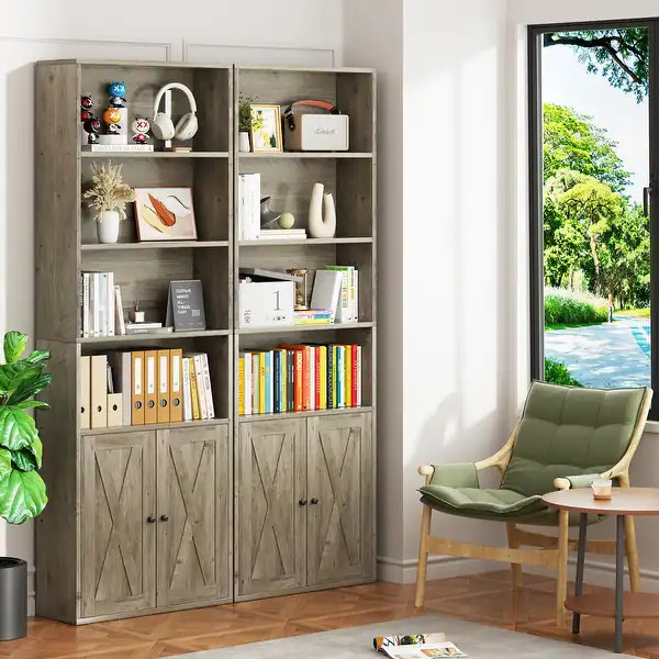 Farmhouse 6-Tier Open Bookcase and Bookshelf with Doors - Ash Grey | Bed Bath & Beyond