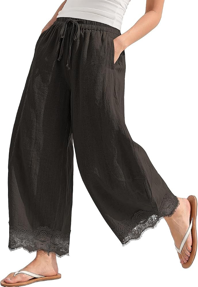 TARSE Womens Linen Wide Leg Cropped Lace Trim Pants | Amazon (US)