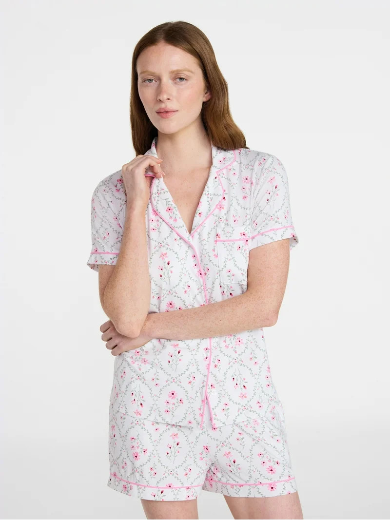 Joyspun Women’s Dreamy Soft Collection Bridal Short Sleeve Knit Notch Collar Top and Shorts Paj... | Walmart (US)