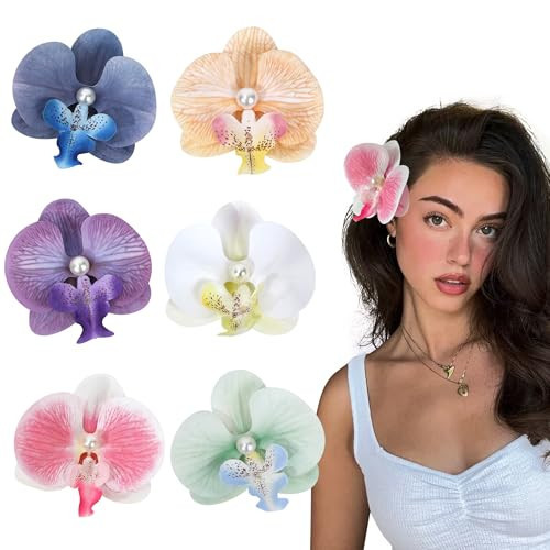 Flower Hair Clips 6 Pcs - Hawaiian Tropical Orchid Hair Clips Bohemian Hairpins with Artificial Silk Flowers for Women Beach Wedding Accessories &Summer Vacation（White Pink Purple） | Amazon (US)