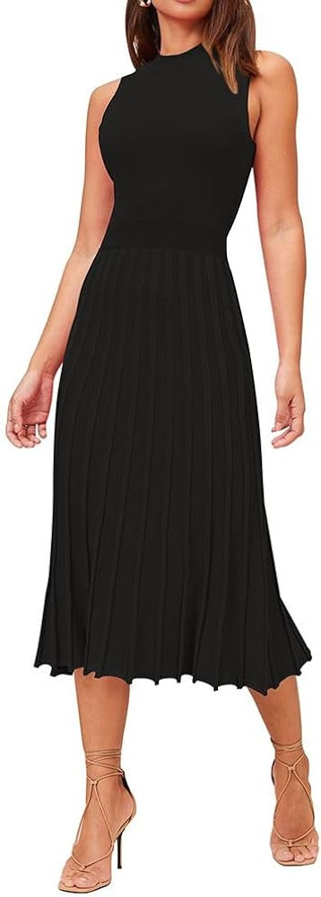 Pink Queen Women's Crew Neck Sleeveless High Waisted Bodycon Pleated Ribbed Swing Knit Midi Dress... | Amazon (US)