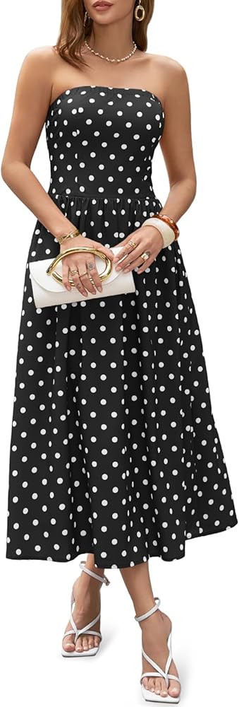 Wenrine Womens Polka Dot Strapless Dress Summer Smocked Tube Top Casual Sleeveless Swing Flowy Ma... | Amazon (US)