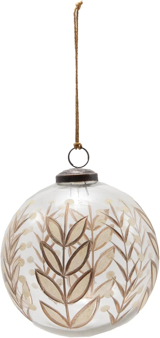 Creative Co-Op Hand-Painted Etched Glass Ball Ornament with Botanicals Design, Cream Color and Go... | Amazon (US)