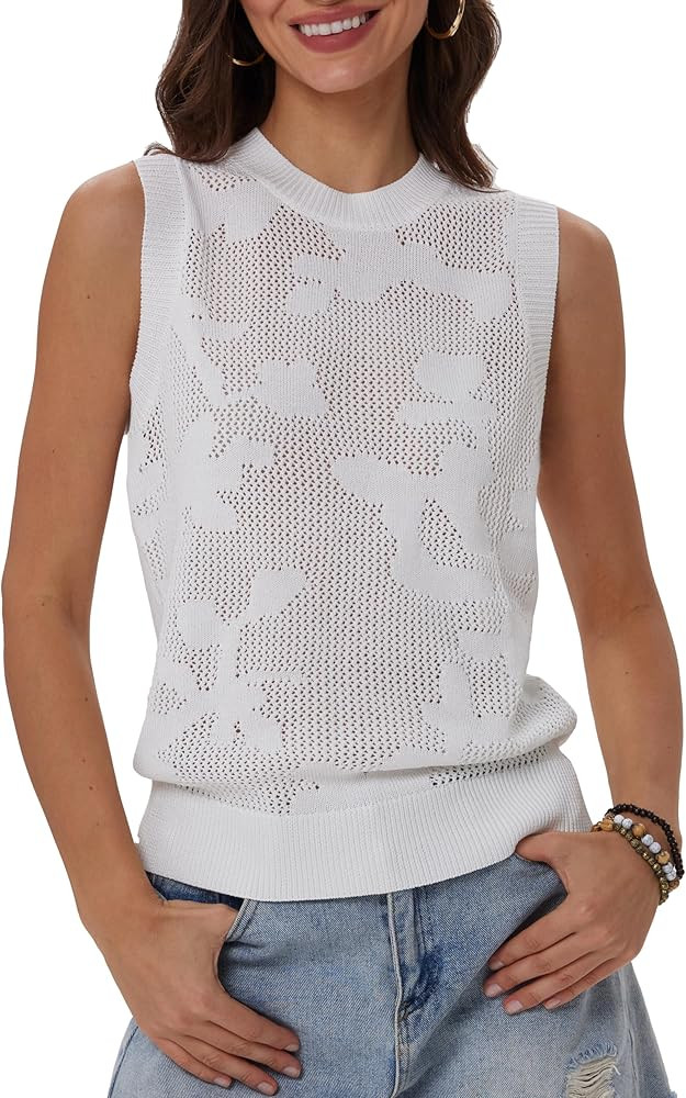 Women's Floral Crochet Sweater Vest Sleeveless Hollow Out Knit Crop Tank Top Lightweight Boho Cre... | Amazon (US)