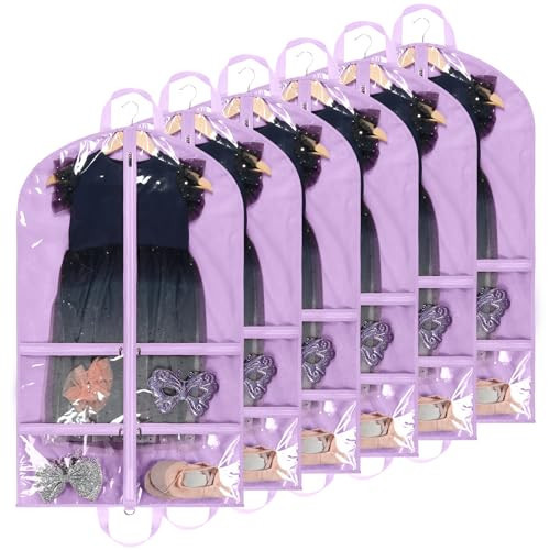 KEEGH Clear Garment Bags for Dance Costumes 40 inch Dance Garment Bags for Dancers Hanging Clothes for Closet Storage, with 4 Zipper Pockets for Dance Competitions, Ballet, Theatre, 6 Pack, Purple | Amazon (US)