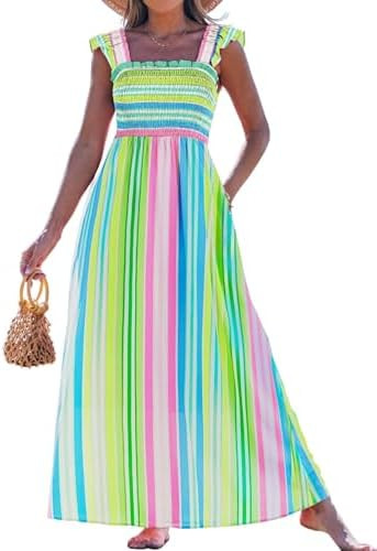 popvil Women Summer Maxi Dress 2026 Spaghetti Strap Long Beach Dress Boho A-Line Flowy Casual Sle... | Amazon (US)