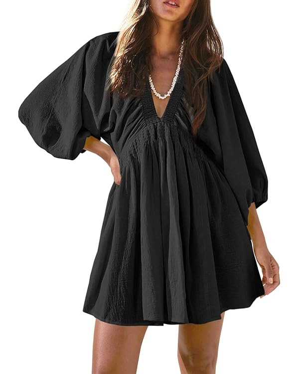 Fisoew Women's Long Sleeve Mini Dresses Deep V Neck Loose Swing Beach A Line Dress with Pockets | Amazon (US)
