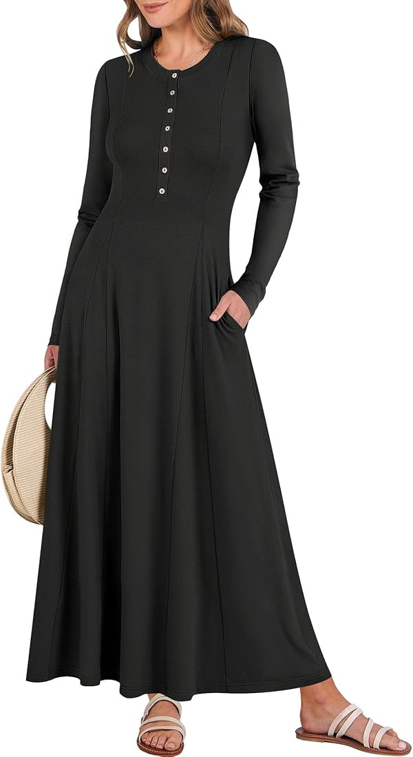 ANRABESS Women's Long Sleeve Casual Maxi Dress Button Fit & Flare A-Line Swing Flowy Boho 2025 Sp... | Amazon (US)