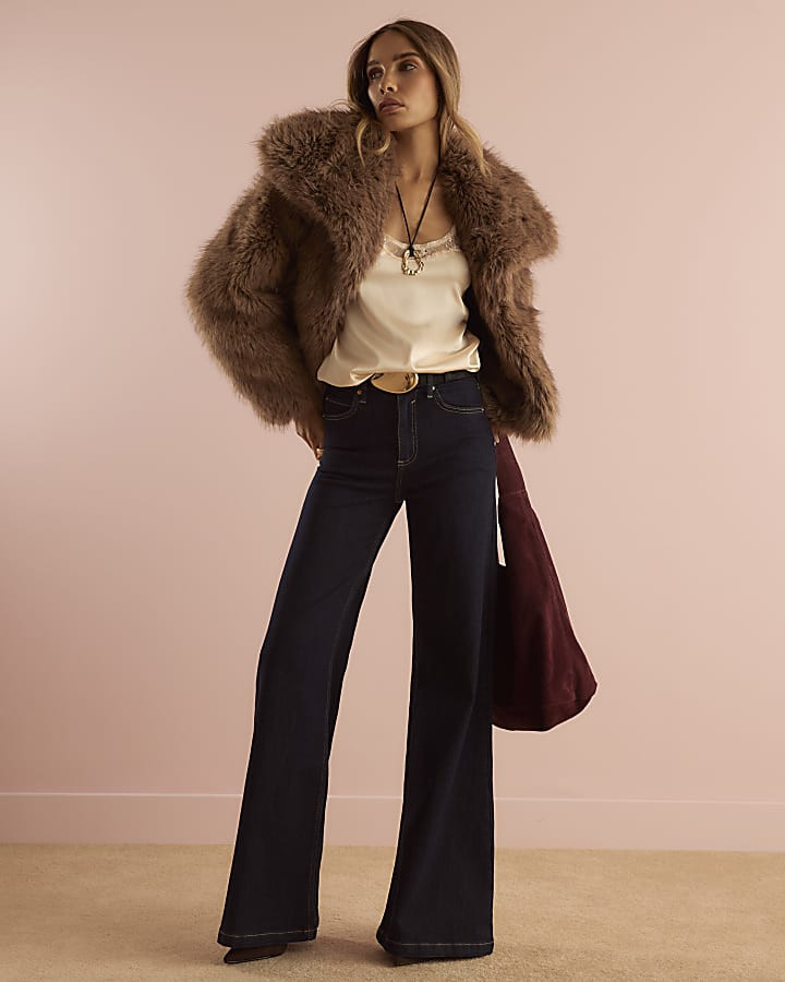 Brown Faux Fur Collared Jacket | River Island UK & IE