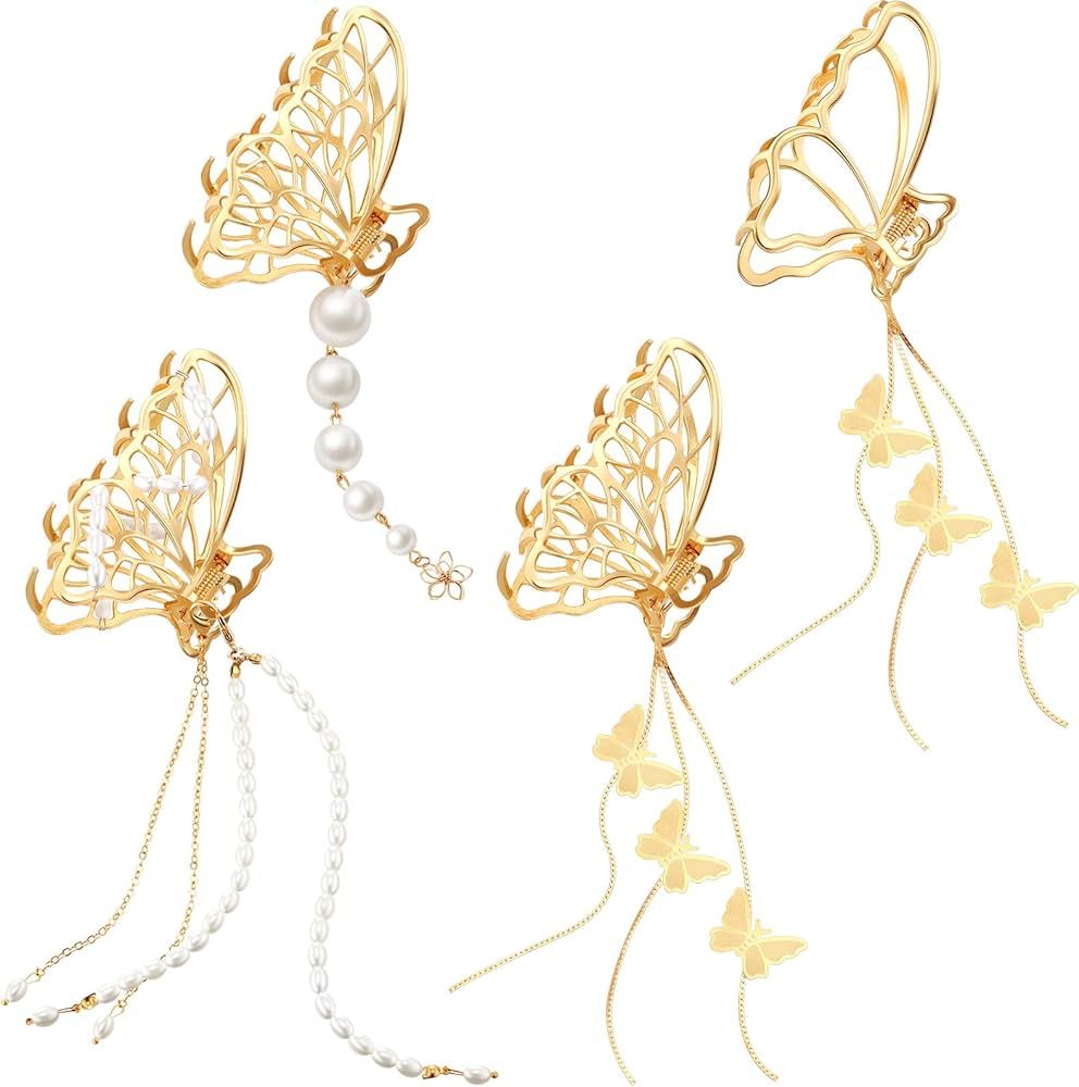 Butterfly Hair Clip 4 Pieces Gold Butterfly Claw Clip Metal Butterfly Hair Claw Nonslip Tassel Ha... | Amazon (US)