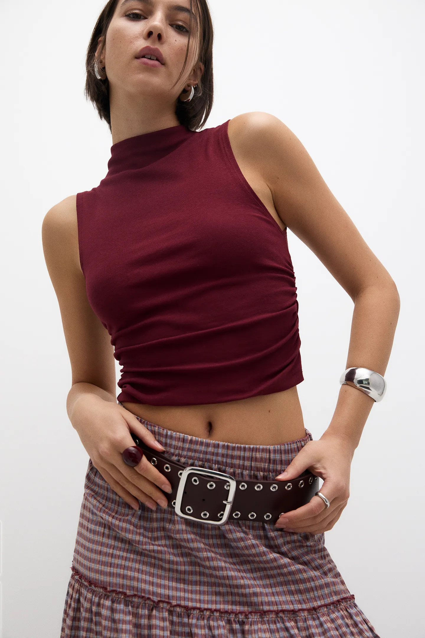 High neck gathered top | PULL and BEAR UK