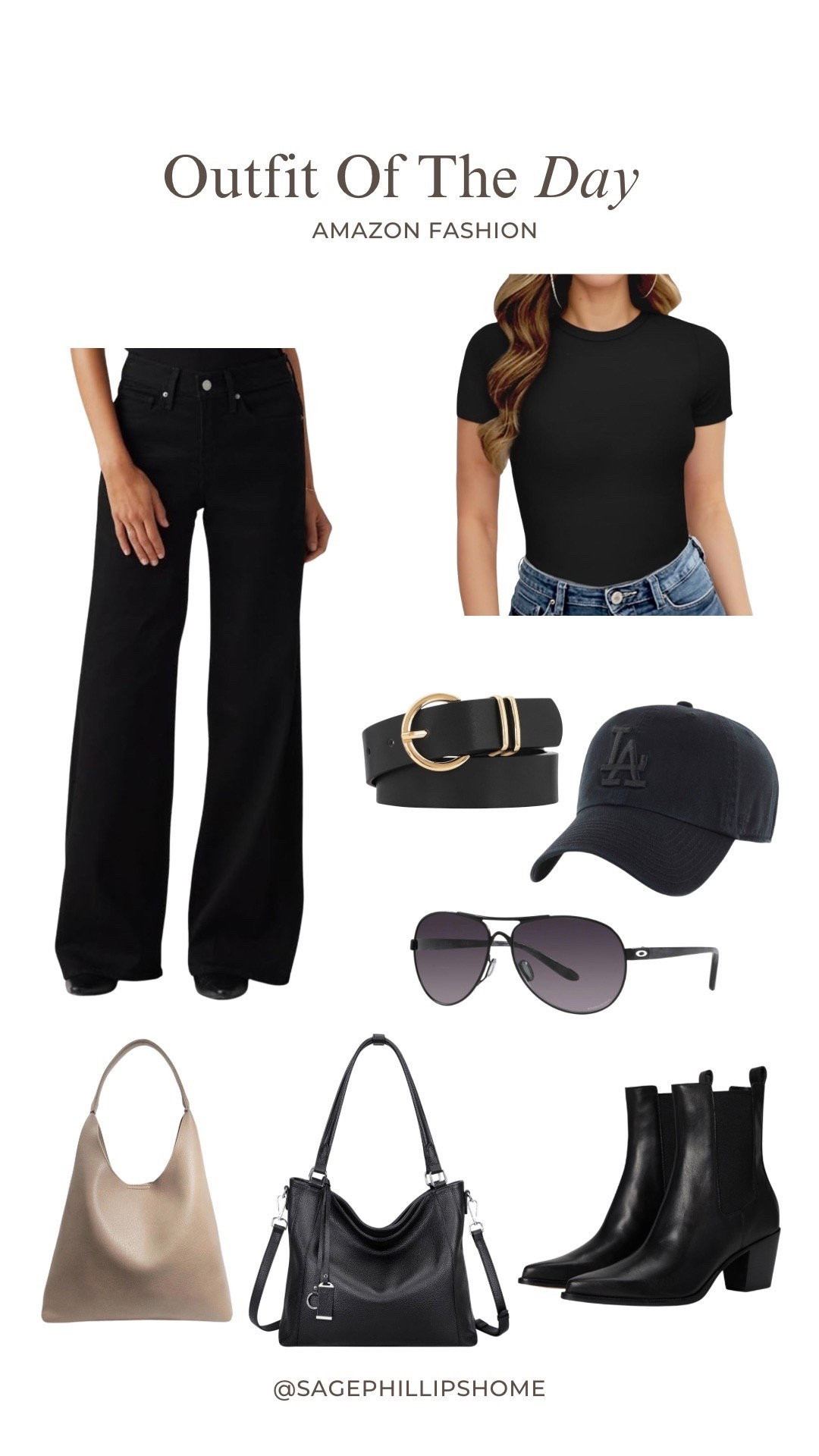 Amazon Outfit of the Day
Keeping it chic and effortless with this all-black look. My go to for a casual day out or dressed up with boots .

Shop the pieces:
✔️ Wide-Leg Black Pants
✔️ Fitted Black Tee
✔️ Black Belt with Gold Buckle
✔️ LA Baseball Cap
✔️ Classic Aviator Sunglasses
✔️ Leather Shoulder Bags (2 styles)
✔️  Boots


#LTKcanada #LTKstyletip #LTKworkwear