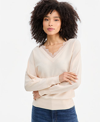 Women's Lace Trim Double V Neck Dolman Long-Sleeve Viscose-Blend Sweater | Macy's
