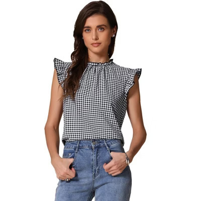 INSPIRE CHIC Women's Mock Neck Cap Sleeve Gingham Plaid Blouse Black Medium | Target
