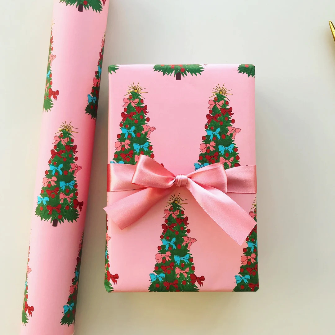 Christmas Trees Wrapping Paper: Pink gift Wrap, Birthday, Holiday, Christmas - Etsy | Etsy (US)