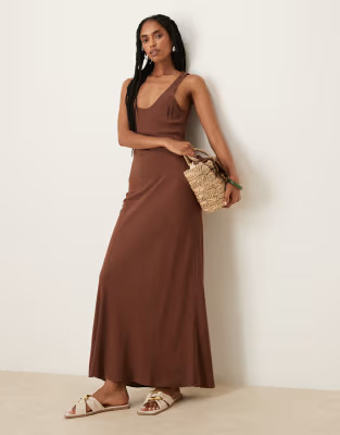 ASOS DESIGN bias cut linen look maxi slip dress in chocolate | ASOS (Global)