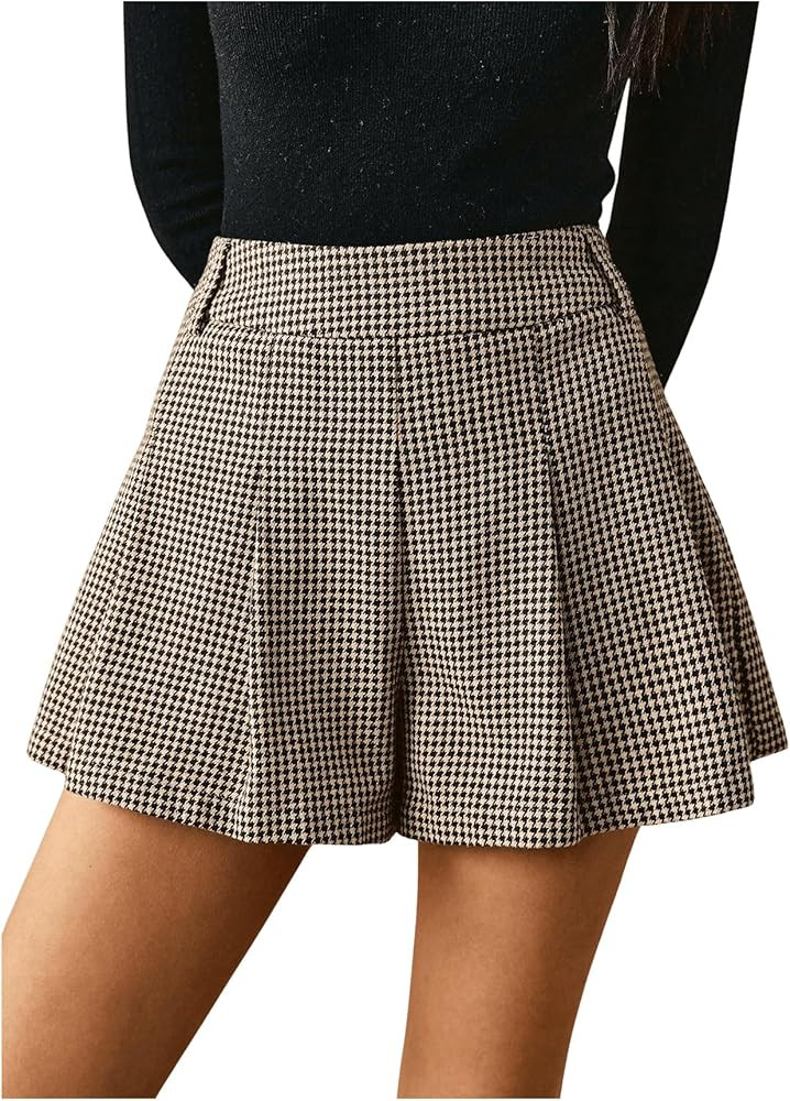 MakeMeChic Women's Houndstooth Print Shorts Pleated Elastic Waist Casual Business Skorts | Amazon (US)