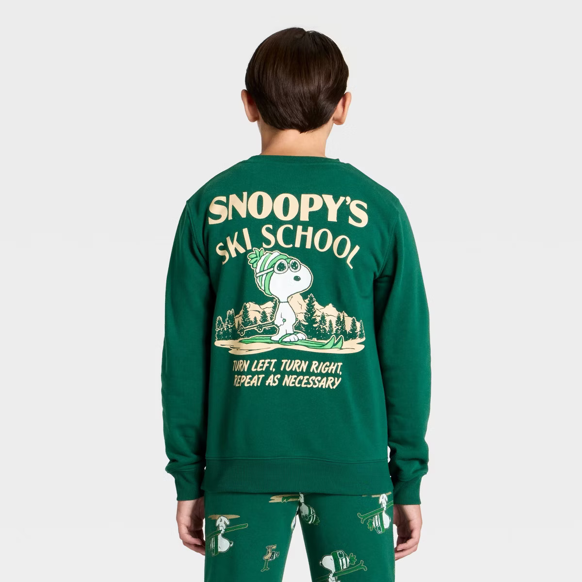Boys' Snoopy Ski School Fleece Front and Back Graphic Sweatshirt - Green L | Target