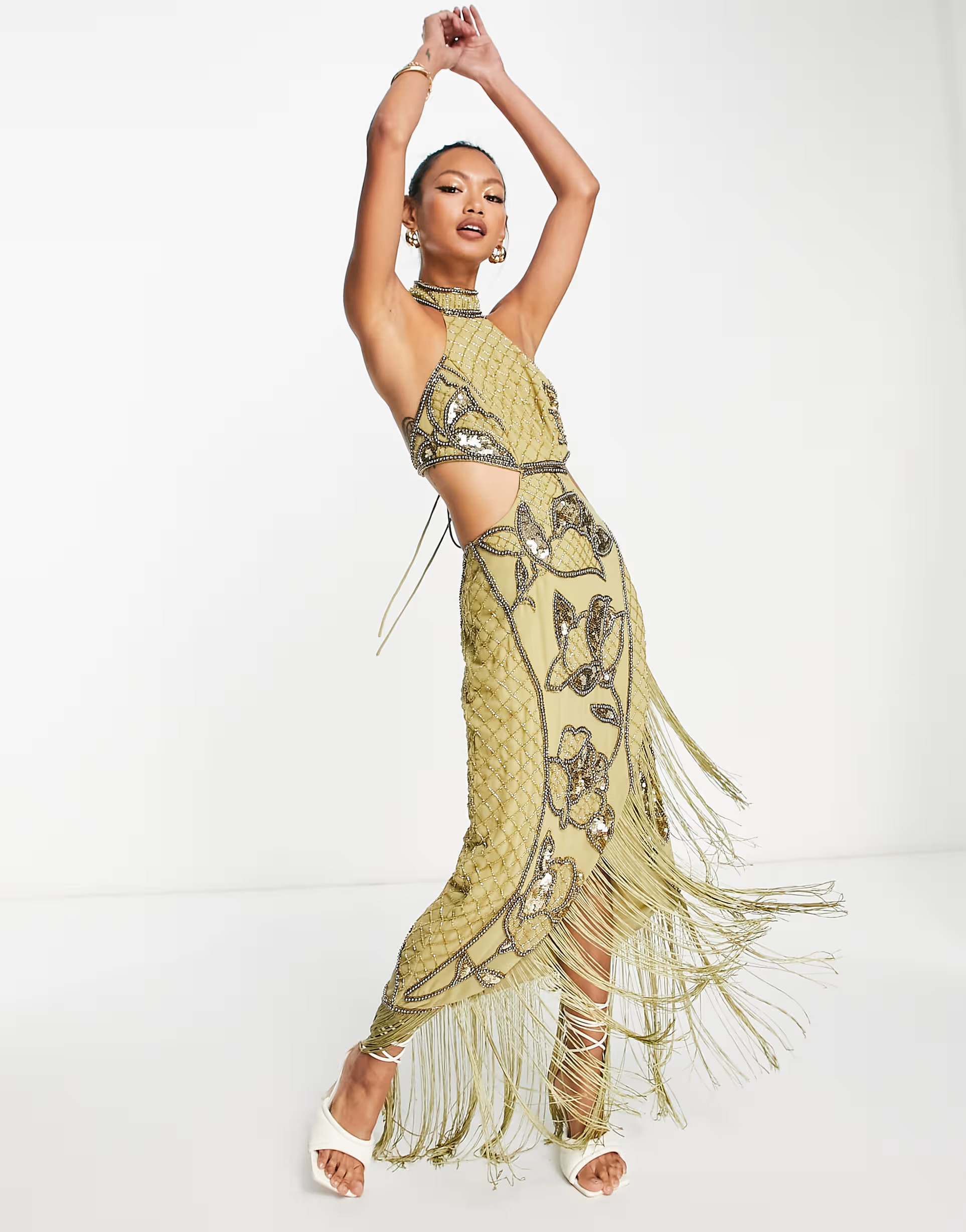 ASOS DESIGN halter embellished pencil midi dress with floral artwork and fringing in olive | ASOS (Global)