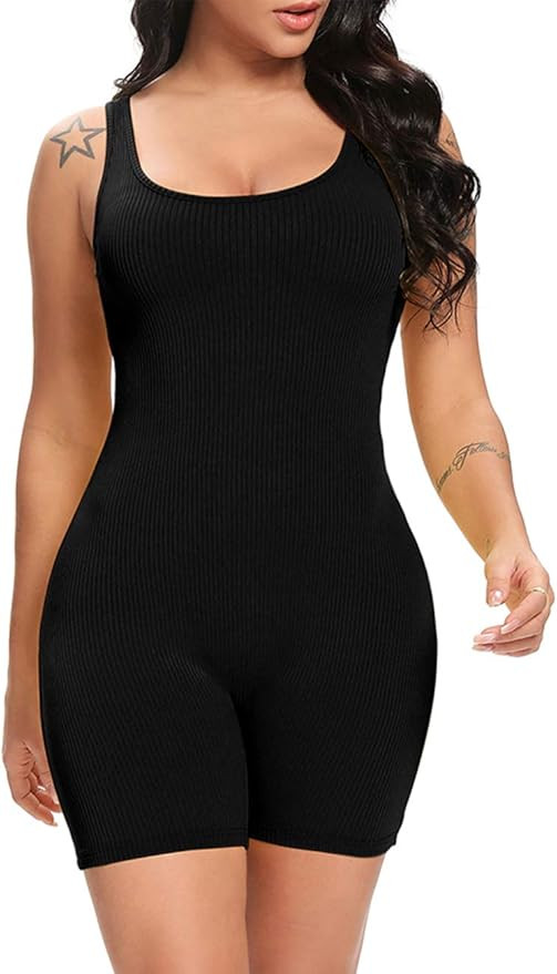 Amazon.com: Fanuerg Women's Summer Scoop Neck Short Jumpsuits Bodycon Sleeveless Tank Top Rompers... | Amazon (US)