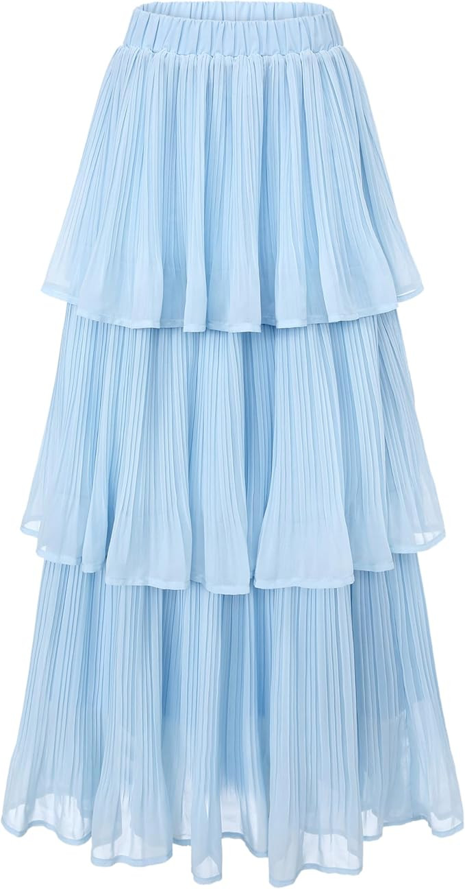 Women's Long Skirts Chiffon Elastic High Waist Maxi Skirt A-Line Tiered Dress | Amazon (US)